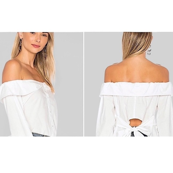 L'Academie X Revolve Off Shoulder Ruffled Button Up Shirt Cutout Tie Back White - Picture 2 of 11